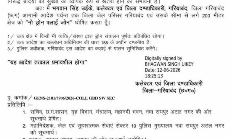 गरियाबंद जिला जेल के 200 मीटर दायरे में ड्रोन उड़ाने पर रोक, प्रशासन ने जारी किया आदेश गरियाबंद-जिला-जेल-के-200-मीटर-दायरे-में-ड्रोन-उड़ाने-पर-रोक,-प्रशासन-ने-जारी-किया-आदेश